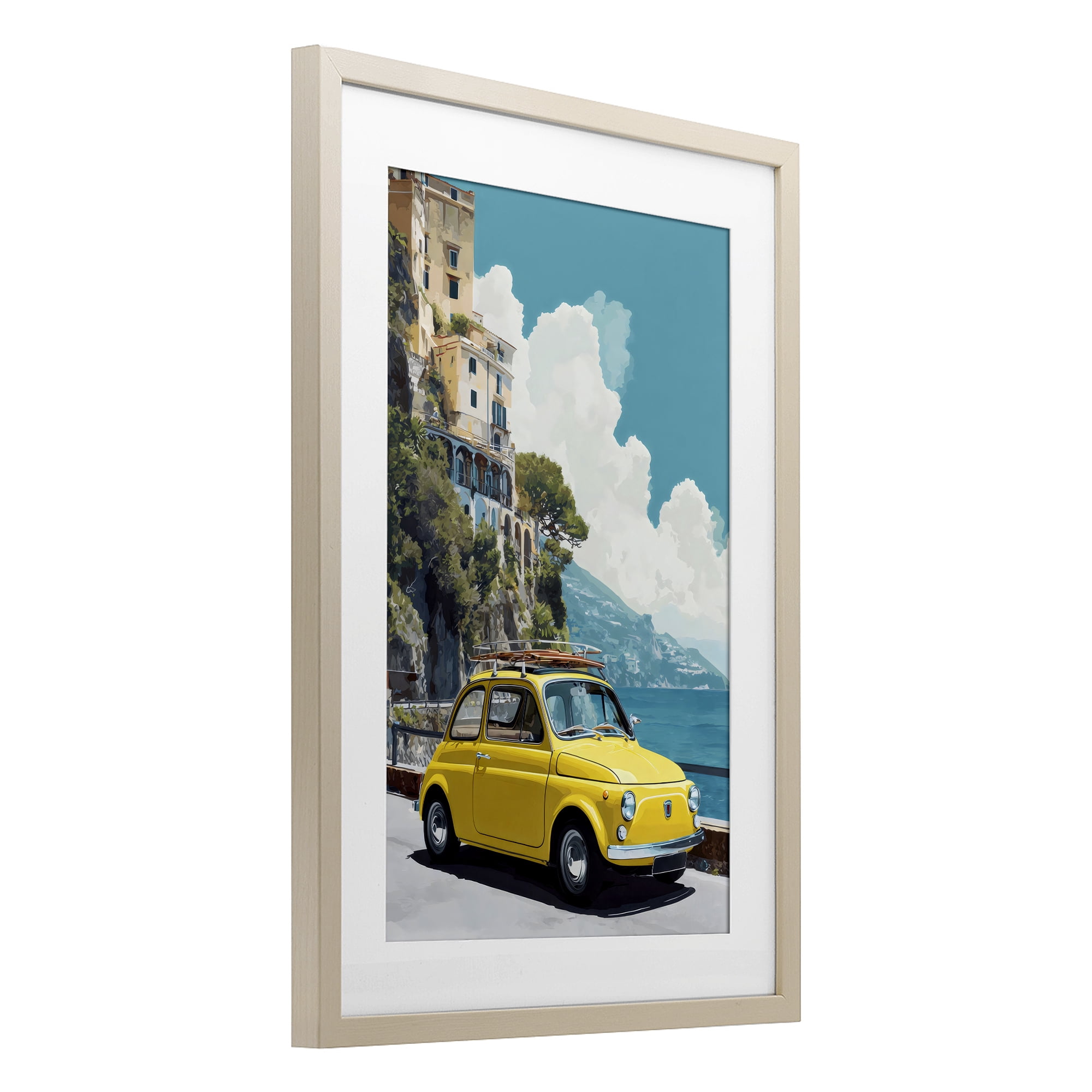 Stupell Industries Yellow Car on Coast Birch Framed Print Under Glass, design by Petal Prints Design