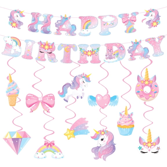 Sinekong Unicorn Birthday Decorations, Unicorn Happy Birthday Banner and 11pcs Hanging Swirls for Girls Party Decorations
