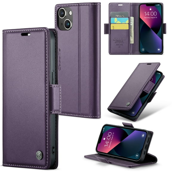 ELEHOLD Wallet Case for iPhone 14 Plus 6.7" Premium Leather Case wih RFID Blocking Function Card Slots Kickstand Magnetic Clasp Shockproof Cover for Men Women,Purple
