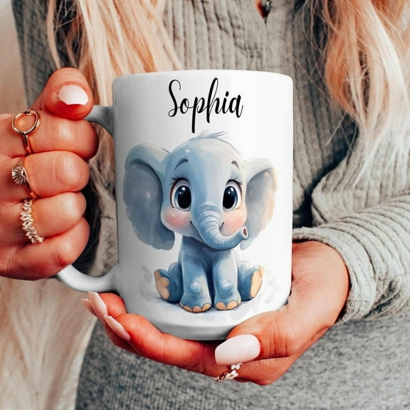 Personalised Elephant Mug, Elephant Lover Gift, Custom Name Coffee Cup, Cute Animal Mug for Her