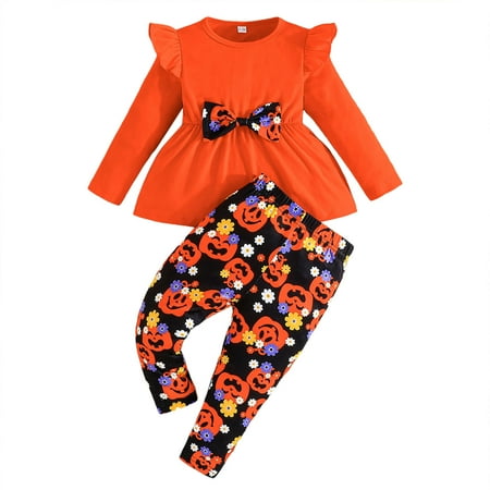 

QBGSAY Little Child Outfits Sets Halloween Girls Bow Solid Color Flying Sleeve Top Pumpkin Full Print Pants Set Kids Clothing