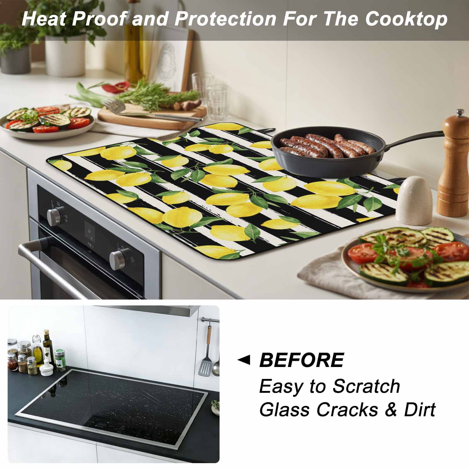 Yellow Lemons Stove Top Cover for Electric Stove, Heat-proof & Non Slip Glass Top Stove Cover Protector, Summer Citrus Fruits Leaves Black Stripes Kitchen Flat Cooktop Rubber Mat 24x21 Inches