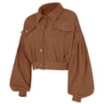 thumbnail image 5 of DeHolifer Women's Cropped Shacket Button Down Lapel Long Sleeve Corduroy Crop Jacket Brown L, 5 of 8