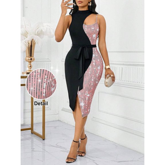Pink Womens Color Block Sequin Hollow Slit Midi Dress With Belted Waist