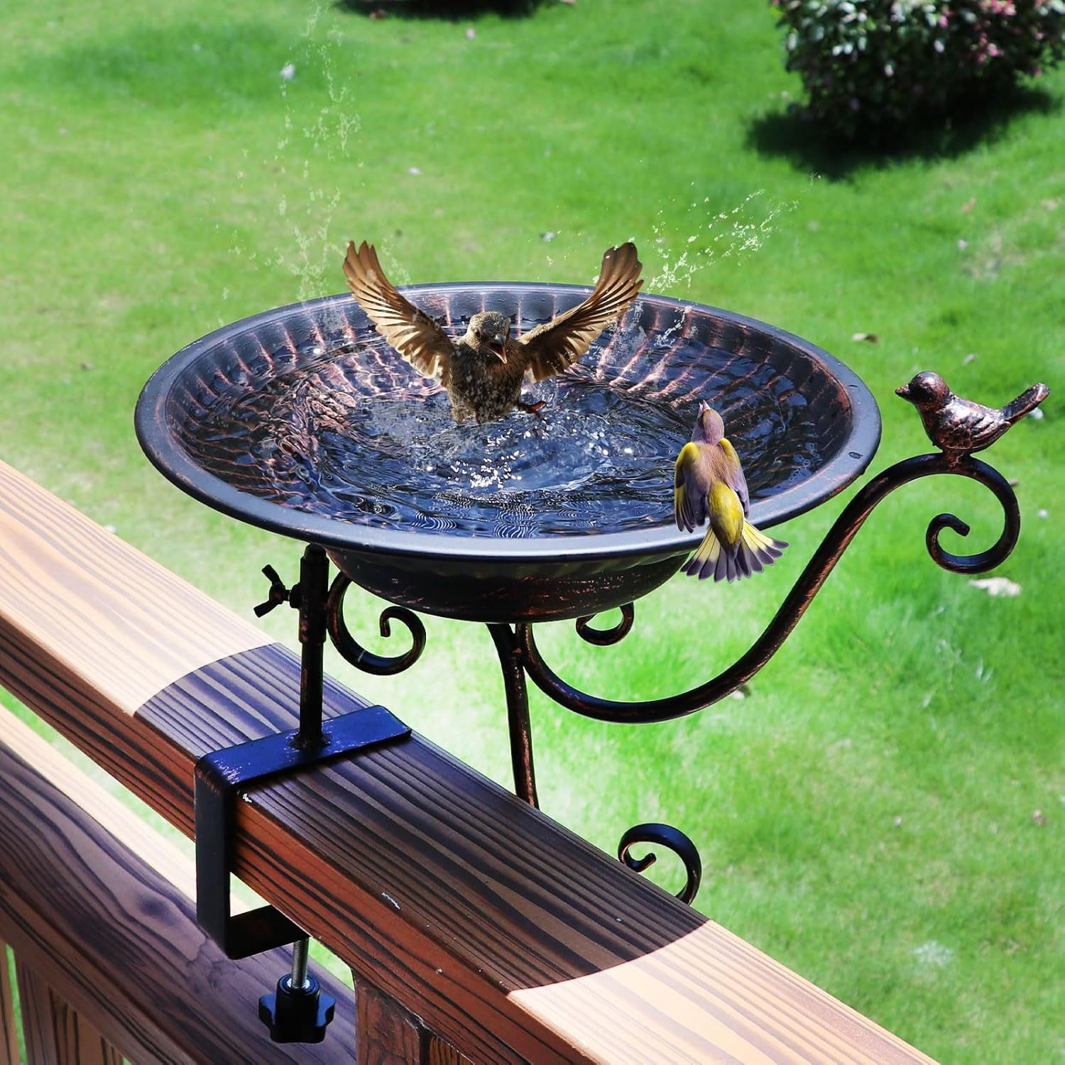 Solar Bird Bath,Deck Bird Bath with Solar Fountain,Metal Bird Bath Bubbler,Deck Mounted Bird Bath,Adjustable Sturdy Balcony Bird Bath,Patio Garden Decor（Bronze）