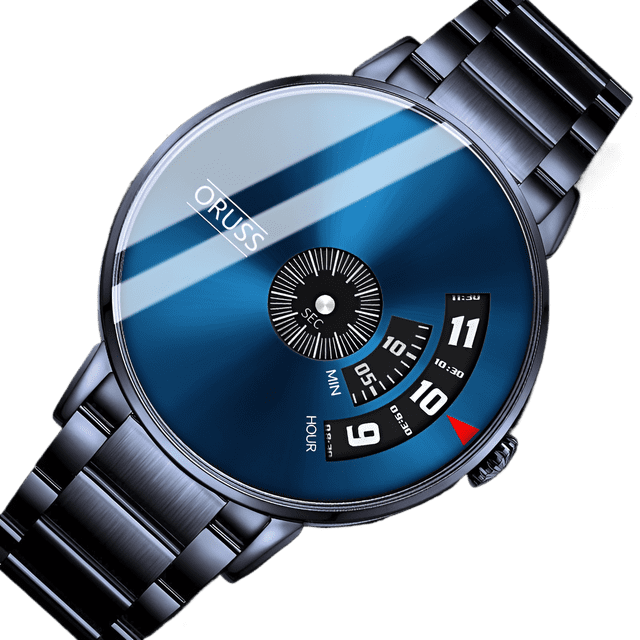 ORUSS Reloj de Cuarzo para Hombre con Plato Giratorio Único, Correa de Acero Inoxidable Negra, 30 M a Prueba de Agua, Reloj de Pulsera de Moda para Hombre