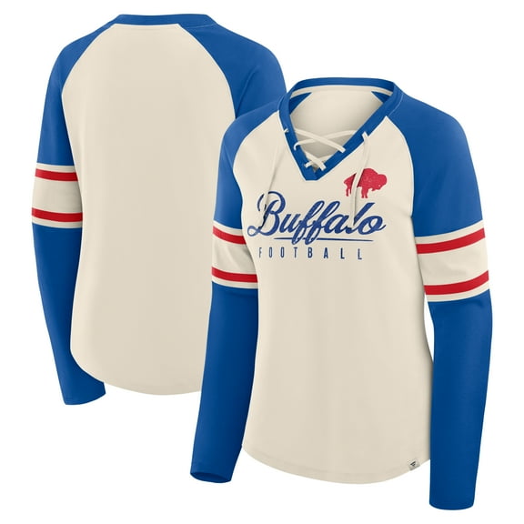 Women's Fanatics Cream/Royal Buffalo Bills Hometown Gridiron Hero Raglan Lace-Up V-Neck Long Sleeve T-Shirt