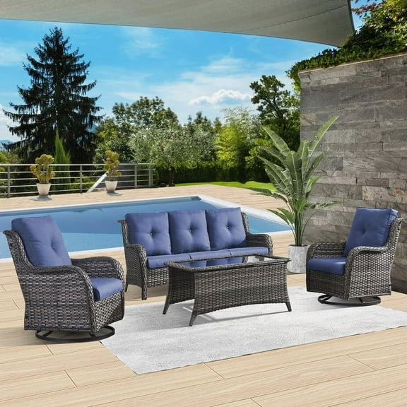 PARKWELL 4 Pieces Outdoor Patio Furniture Set Wicker Rattan Swivel Glider Chairs Cushioned Sofa Dining Table All-Weather Conversation Sectional with Anti-Slip Cushions for Balcony