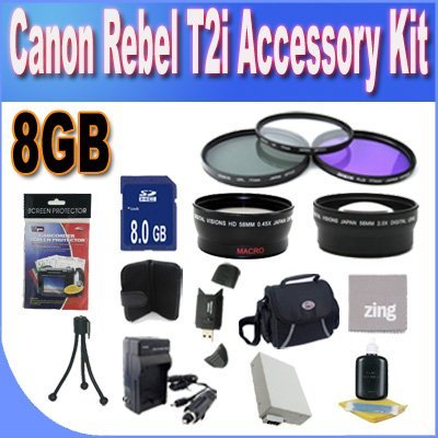 Canon T2I Accessory Saver Kit (58mm Wide Angle Lens + 58mm 3 Piece Filter Kit + 8GB SDHC Memory + Accessory Saver Bundl