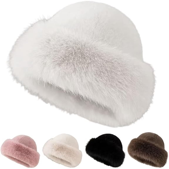 longantii Winter Faux Fur Fuzzy Bucket Hat for Women, Warm Faux Mink Plush Fluffy Hats Fisherman Fuzzy Bucket Hat White