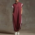 thumbnail image 4 of Jumpsuits for Women Workwear Romper Stripe Zipper Casual Stand Collar Short Sleeve Wide Leg Jumpsuit Loose Elastic Cuffed Jogger One Piece Jumpsuit, 4 of 6