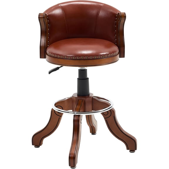 AULIFE Adjustable Height Swivel Bar Stool with Full-Grain Leather, Solid Wood Frame and Footrest–Modern Design for Kitchen Island, Counter, or Home Bar
