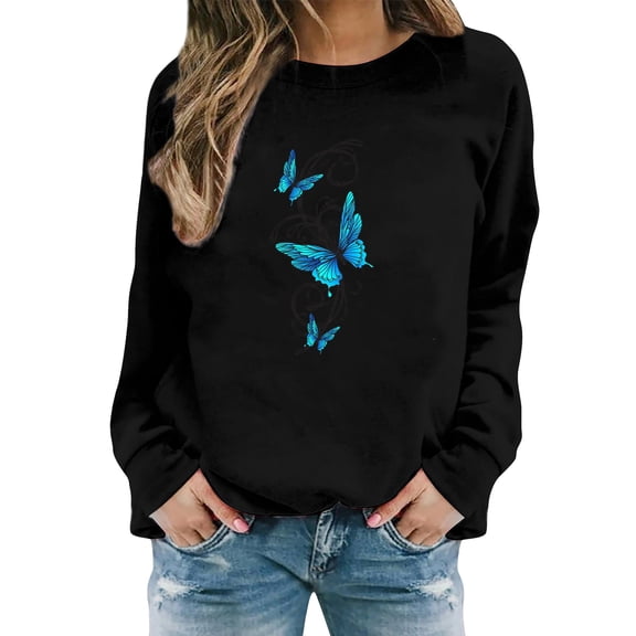 Sweaters For Women Butterfly Print Casual Fashion Long Sleeve Crew Neck Pullover Sweatshirt Top L Womens Sweaters