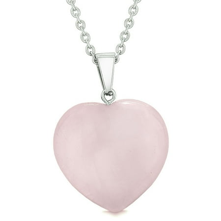 - Lucky Puffy Heart Charm Crystal Rose Quartz Gemstone Love Powers Amulet Pendant 18 Inch Necklace