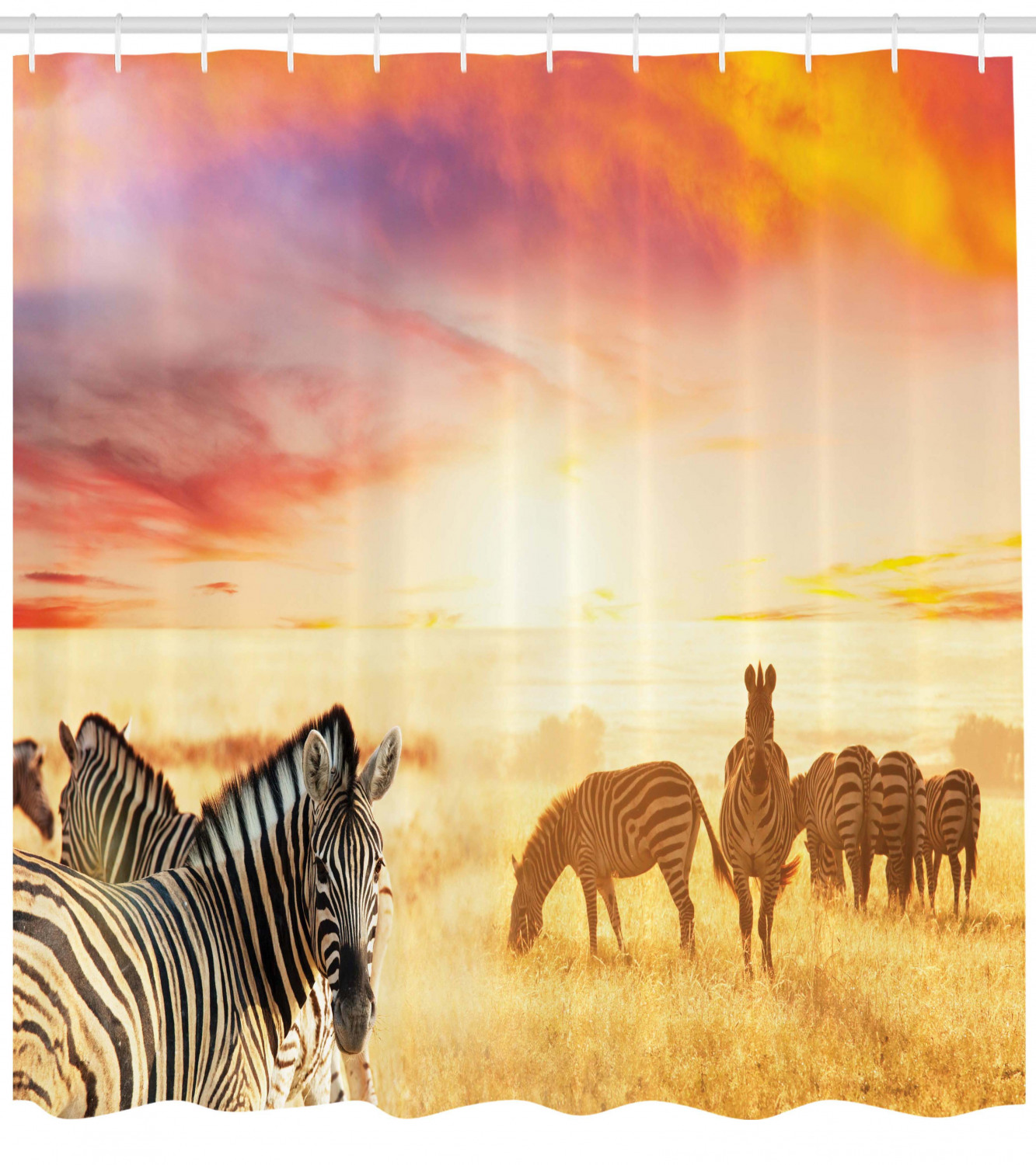 Safari Decor African Zebras At Fairy Sunset On The Grassland