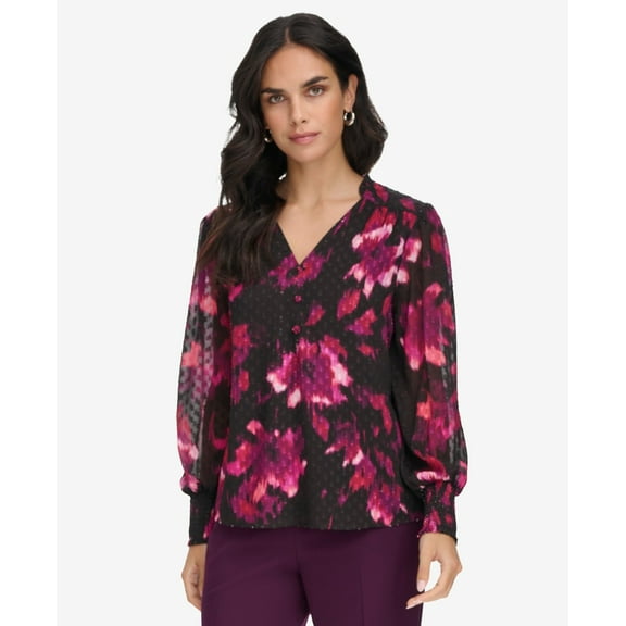 Calvin Klein Womens Printed V Neck Long Sleeve Blouse Black Multi XL NWT