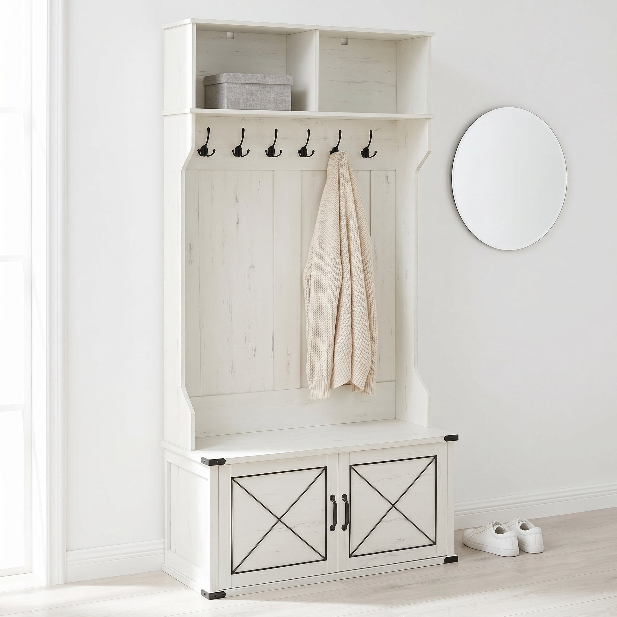 Nordic Hygge 3-in-1 Hall Tree with Coat Rack, Storage Bench, and Shoe Shelves, Rustic Brown and Black