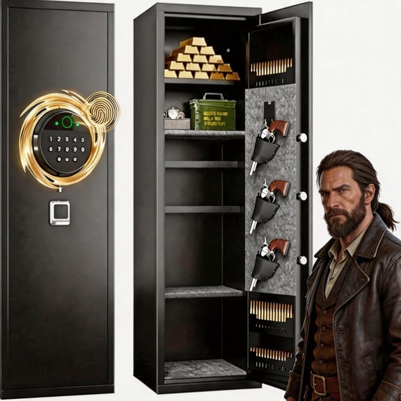 Biometric Rifle Safe, 8-12 Gun Heat-Resistant Heavy Duty Gun Safe, 0.1s Fast Fingerprint Unlock, No Assembly Required, Home Security Gun Cabinet with Adjustable Shelves, Black (57.09×13.7×11.81 inch)