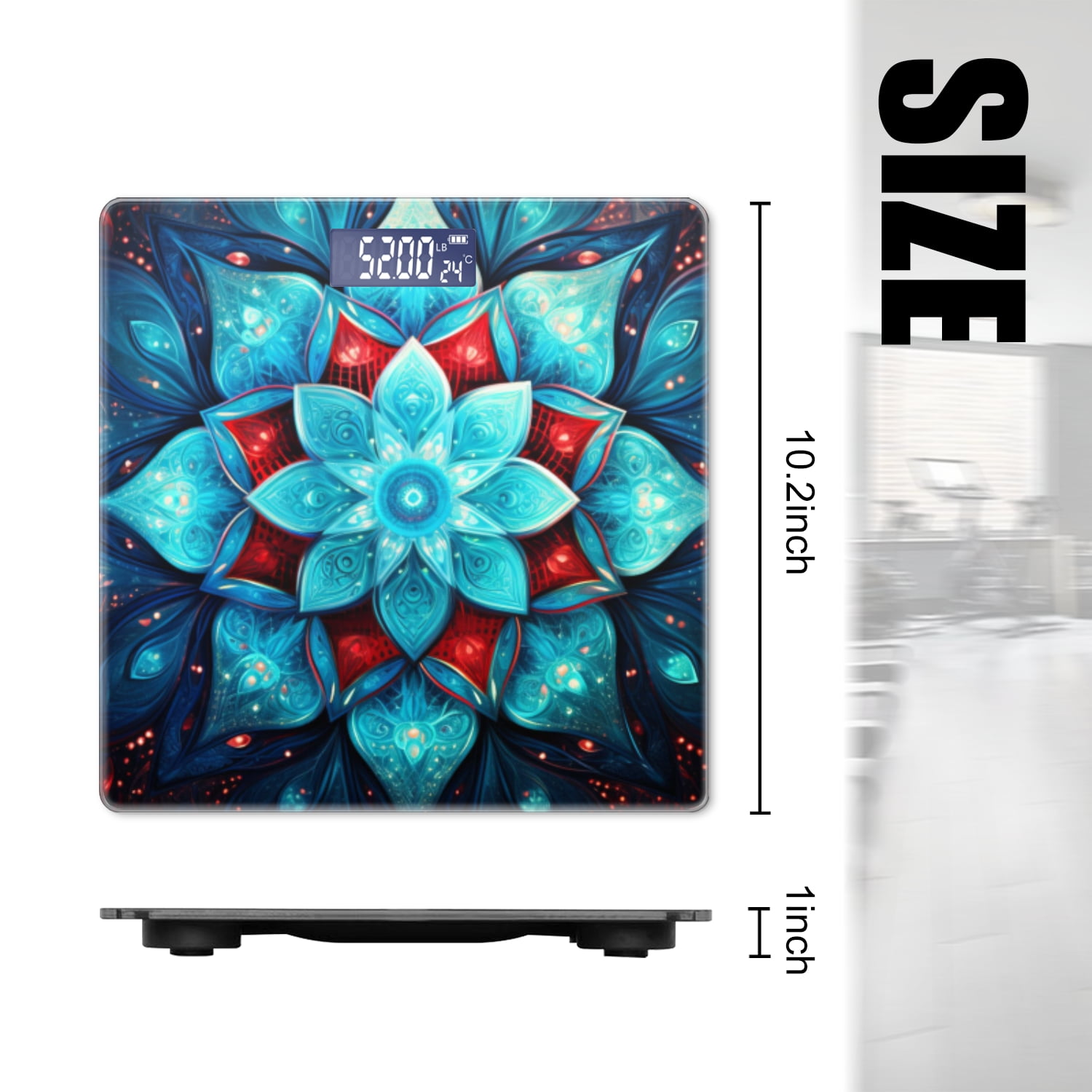 High Precision Body Weight Scale Smart Bathroom Scales with Large LCD Display(400lbs),Decorative for Bedroom-Abstract Mandala Flower In Blue And Red Colors