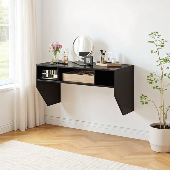Resenkos Wall-Mounted Computer Desk, Floating Laptop Desk, Space Saving Workstation with 3 Storage Compartments for Bedroom, Study, Black