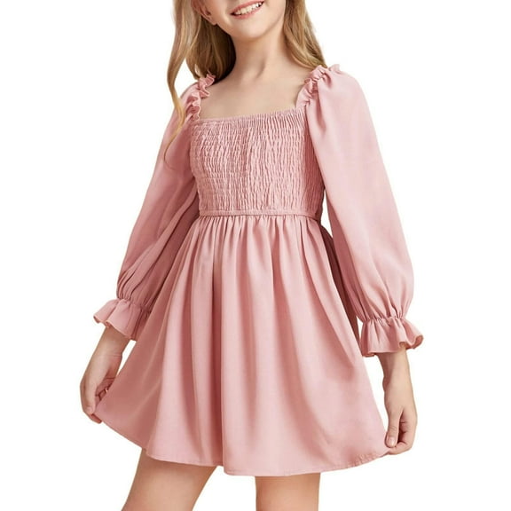 EnJoCho Girls Chiffon Rufle Min𝗂 Dress Square Neck 𝖫antern Sleeve Smoc𝗄ed Waist Tulle Summer Play-time Par𝗍y Outfit