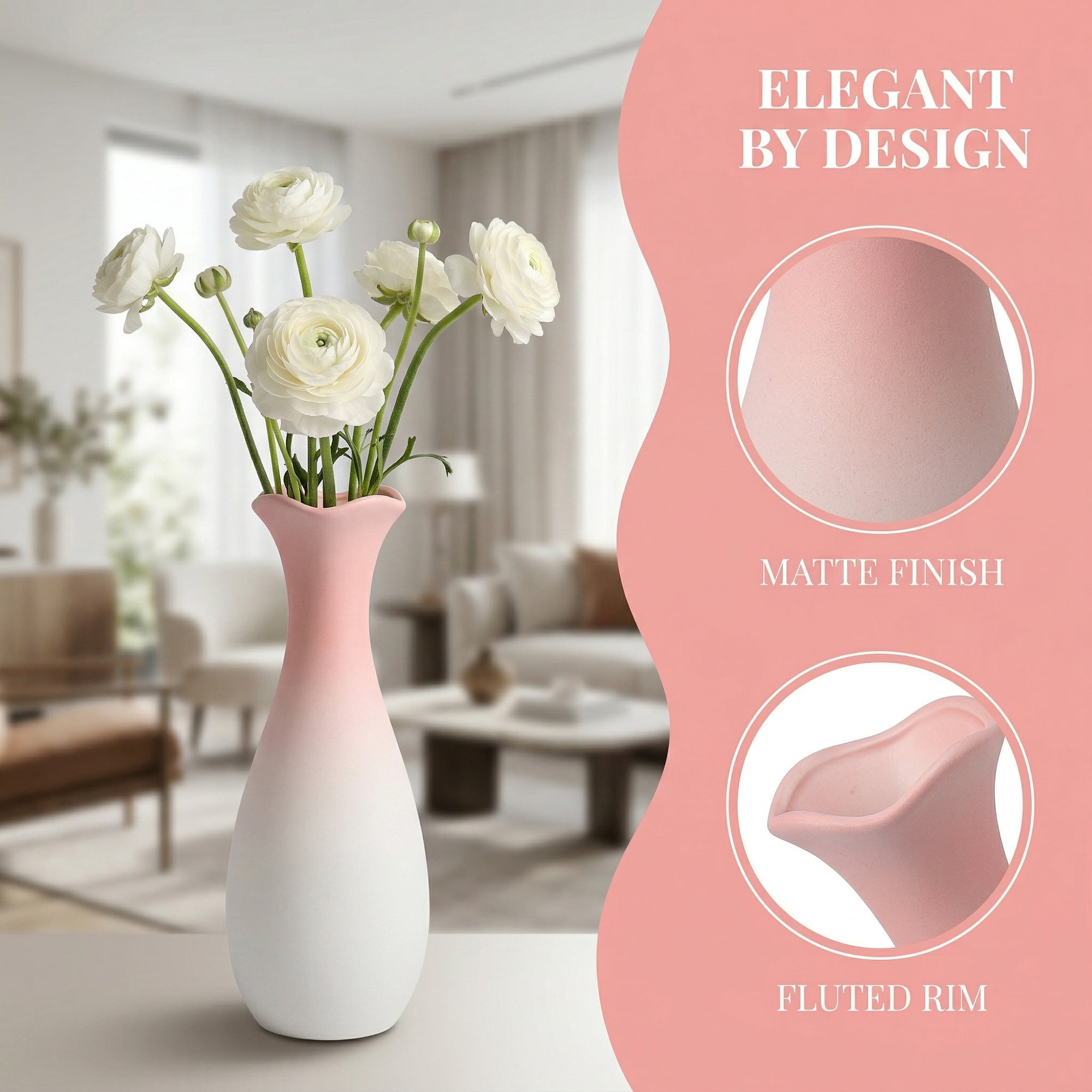 Unique Bargains Modern Tall Ceramic Vase for Decorative Pink 2.2"L x 2.2"W x 9.6"H