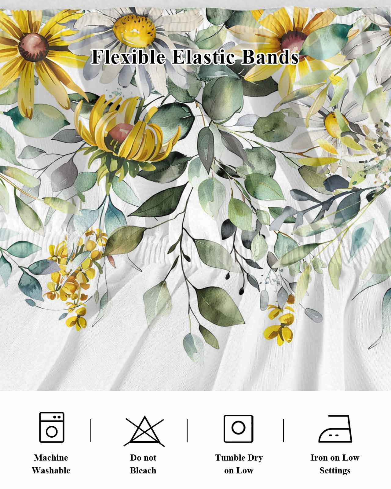 Farmhouse Eucalyptus Ruffle Bed Skirt Queen Size Leaves Yellow Daisy Botanical Adjustable Elastic Dust Bed Skirts Wrap Around Bedskirt Wrinkle Free Easy Fit with 16 Inch Drop