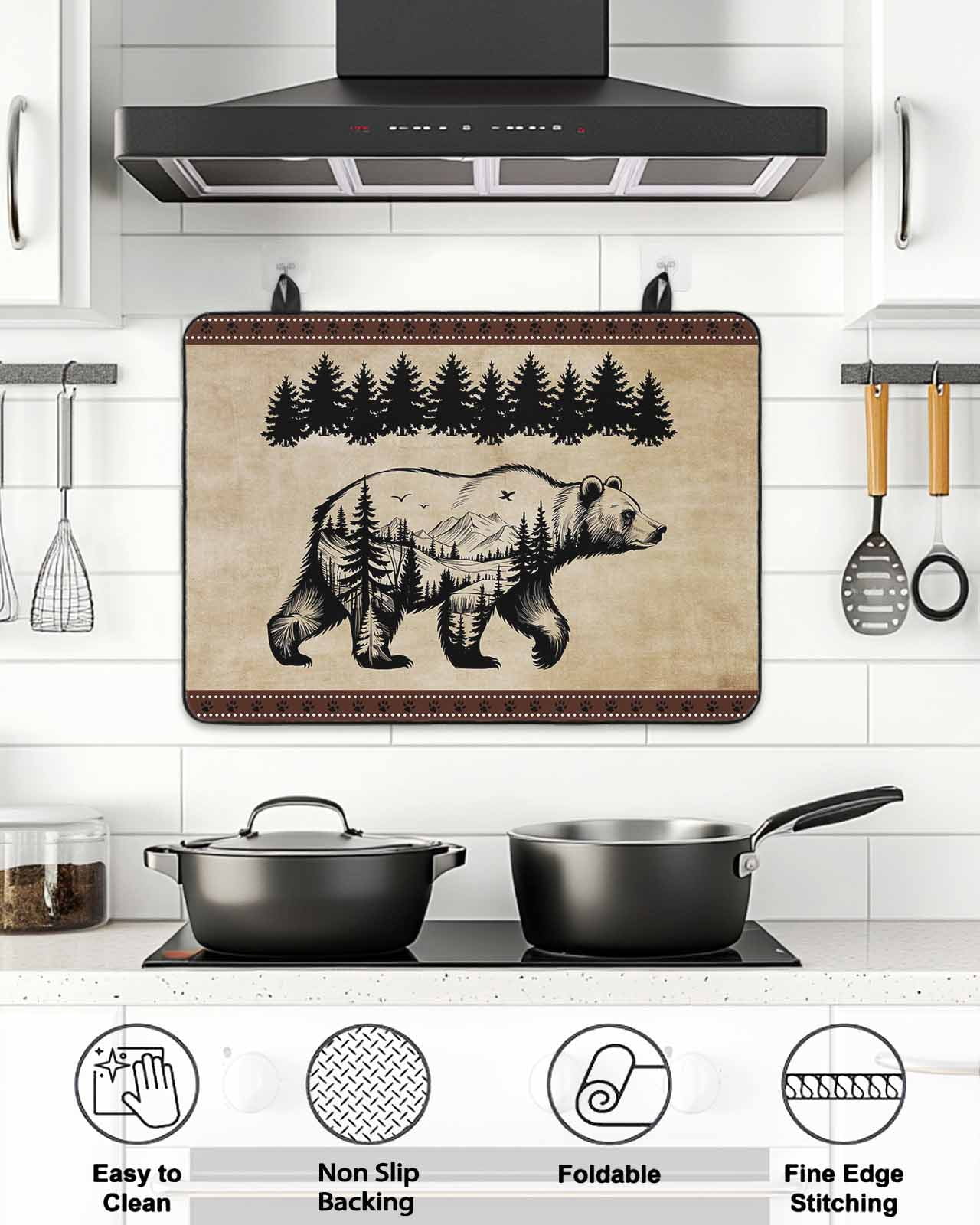 Stove Top Covers for Electric Stove, Brown Black Bear Glass Stovetop Cover Protector, Farmhouse Cabin Forest Vintage Induction Cooktop Protector Oven Mat for Kitchen Countertop 24"x21"