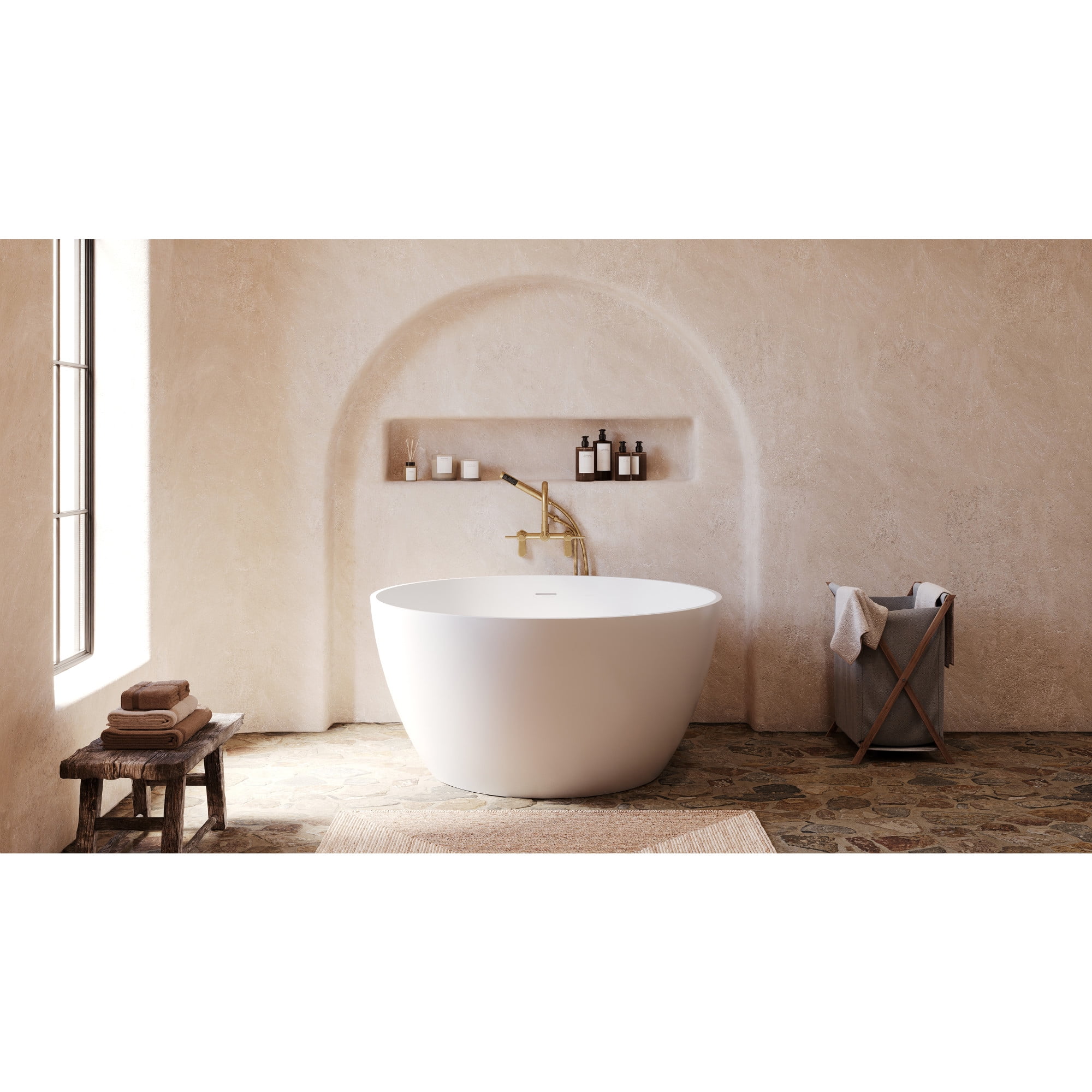 Kingston Brass KRTRO4545157DL 45-Inch Solid Surface Round Double Ended Freestanding Tub with Faucet Combo and Drain in Brushed Brass