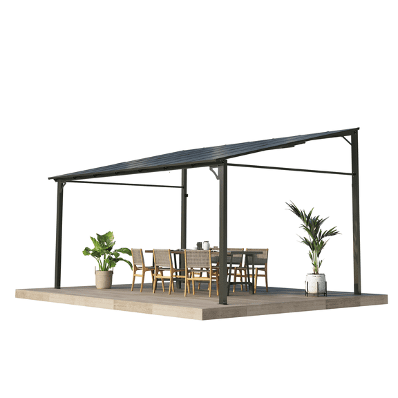 12'x14' Wall Mounted Hardtop Gazebo Pergola, Heavy Duty Aluminum Frame, Polycarbonate Roof, UV Protected Outdoor Awning for Patio Backyard