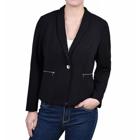 NY Collection Womens Cropped Crepe Jacket, Black, Petite, PL