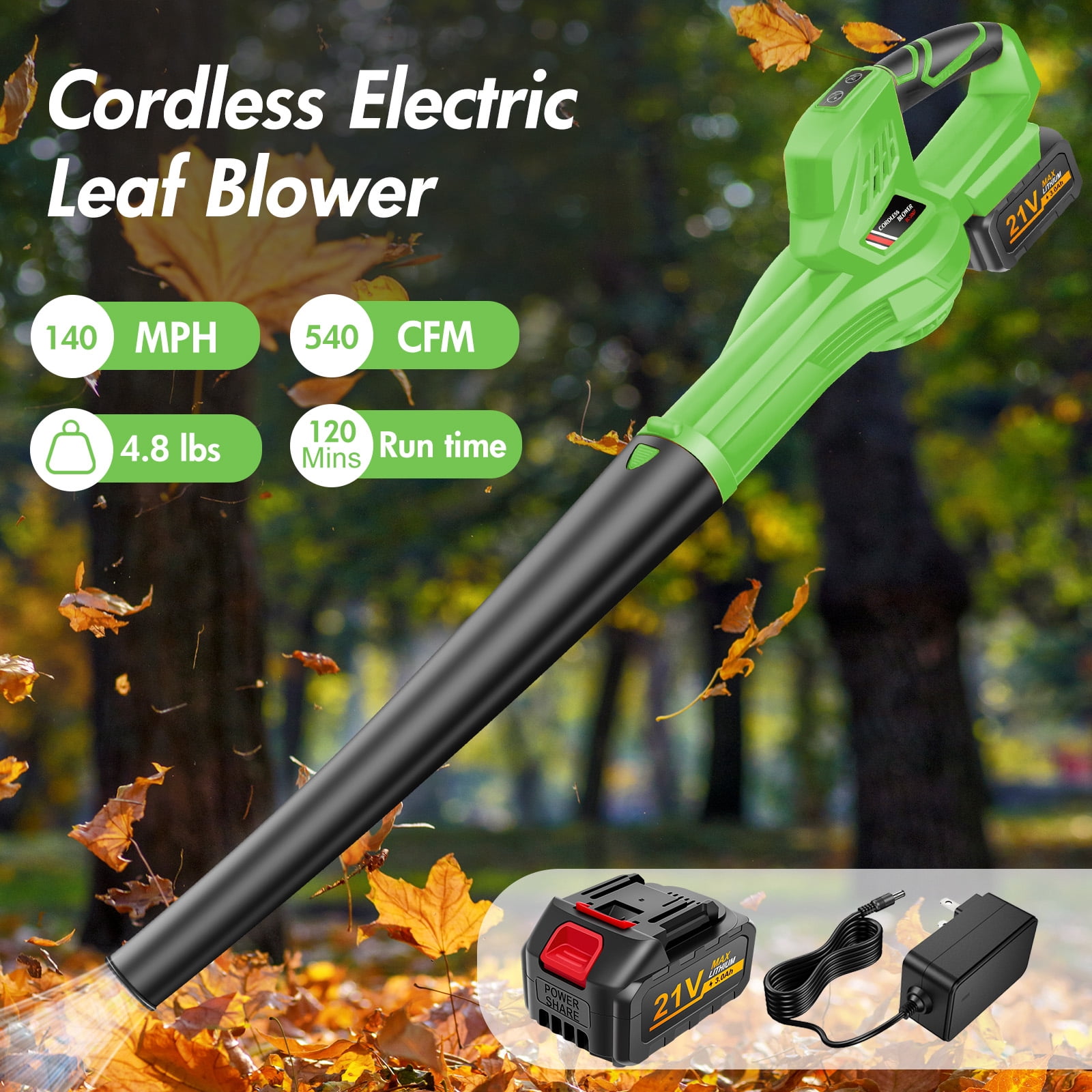 Cordless Leaf Blower, 21V Leaf Blower with 1 Battery, 6-Speed Leaf Blowers for Lawn Care, Patio, Blowing Leaves, Green