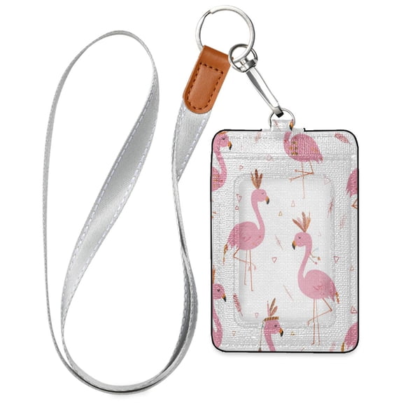 PU Leather ID Badge Holder Stylish Badge Holders with Lanyard (4.3x2.8x0.3in) for Cards & Credentials Cute Pink Flamingo Pattern