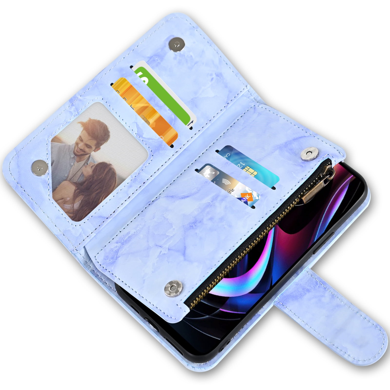 Compatible with Motorola Moto Edge 2021/MotoEdge 5G UW 2021 Wallet Phone Case and Tempered Glass Screen Protector Marble Faux Leather Flip Credit Card Holder Stand Zipper Cell Cover for XT2141-1 Blue