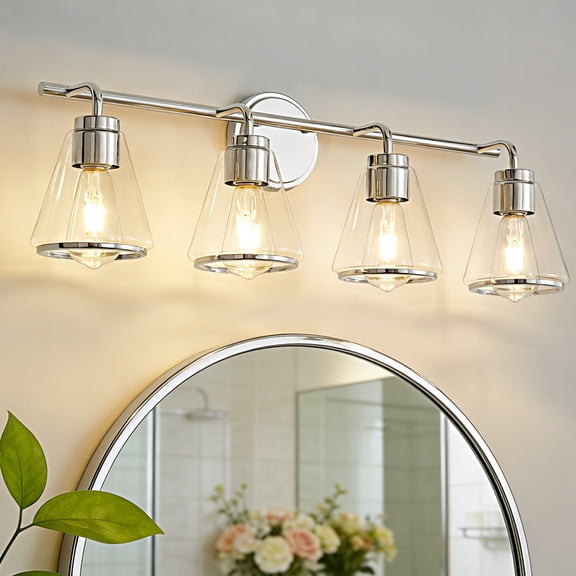 Deyidn 4-Light Nickel Bathroom Vanity Light, 30.3 inch Modern Wall Sconce with Clear Cone Glass Shades for Bath, Powder Room, Mirror Lighting