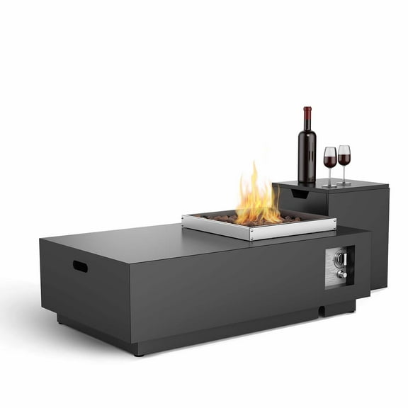 48" Outdoor Propane Fire Pit Table with Stainless Steel Wind Guard, Black Steel, 50,000 BTU