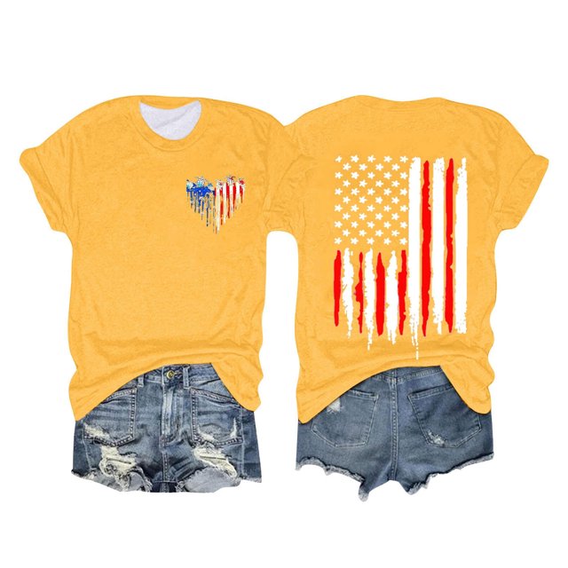 WILLBEST Chemises pour Femmes Mode Féminine Jour de l'Indépendance Drapeau Col Rond Double Lettre Imprimé Manches Courtes T-Shirt 1