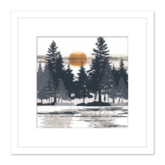 Moody Sunrise Pine Forest Snow Winter Landscape Square Wooden Framed Wall Art Print Picture 8X8 Inch