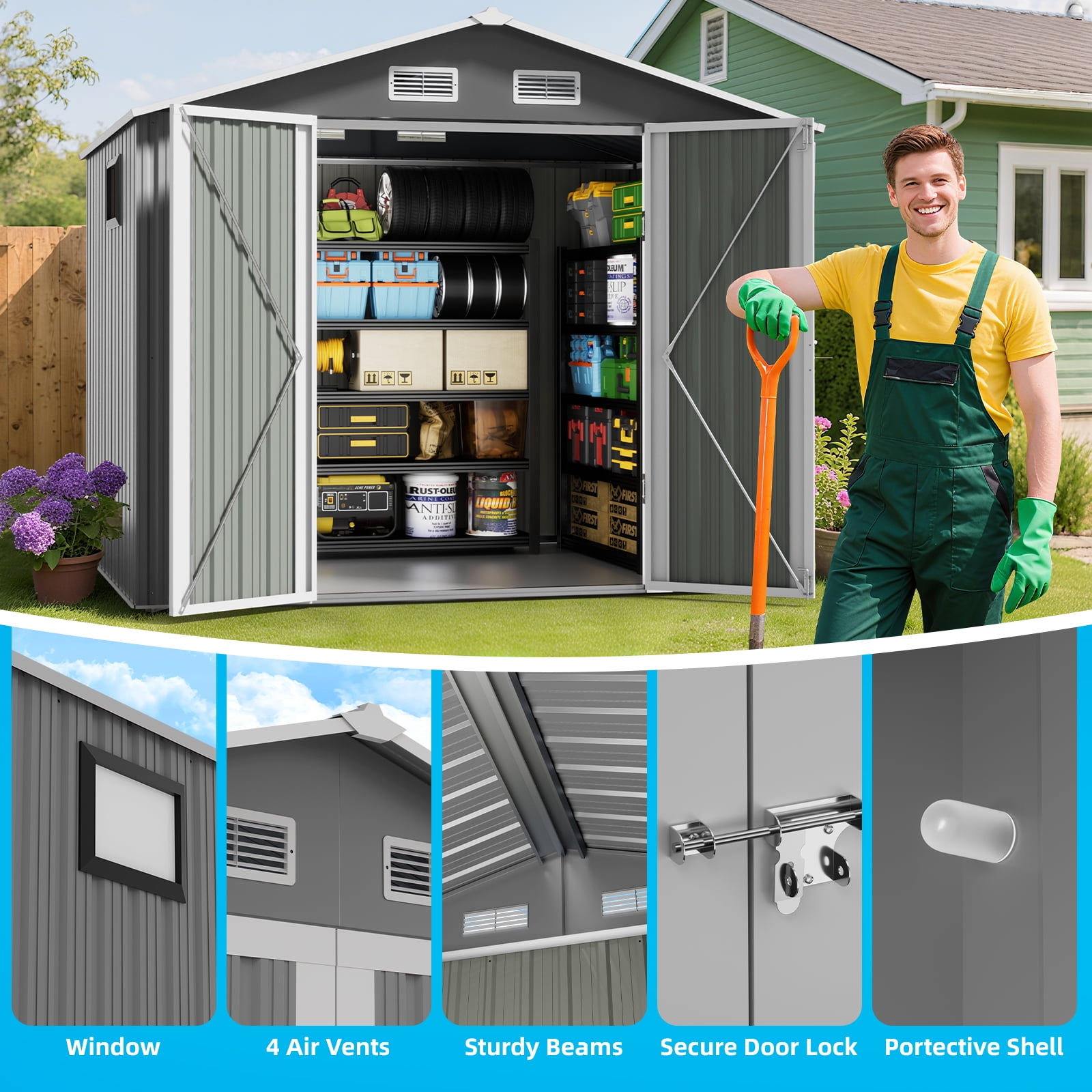 DISHUP Outdoor Storage Shed, 8x6 ft Metal Shed with Window＆Lockable Doors, Ideal for Backyard, Garden and Patio, Gray