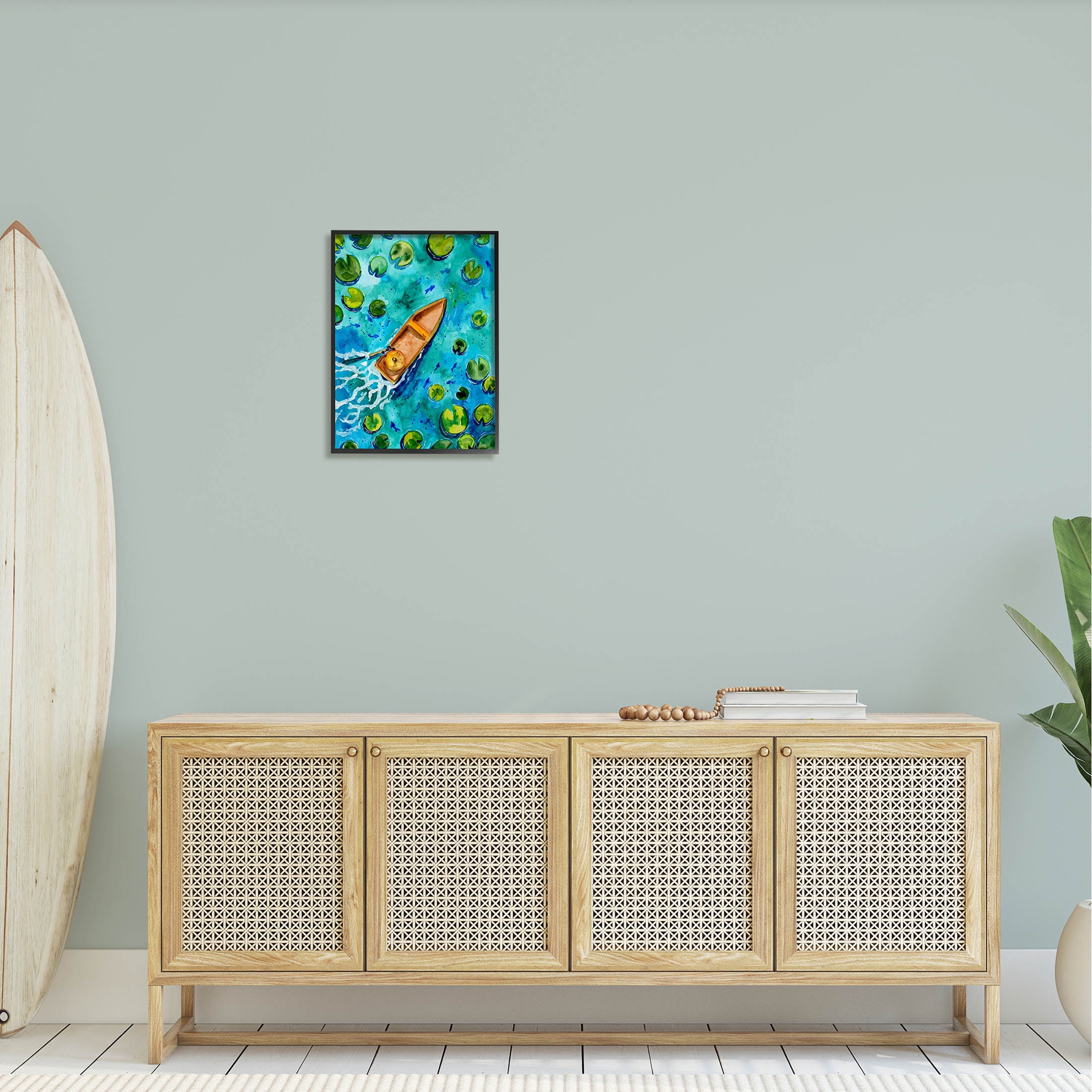 Pond Lilies Lake Boat Splash Transportation Painting Black Framed Art Print Wall Art