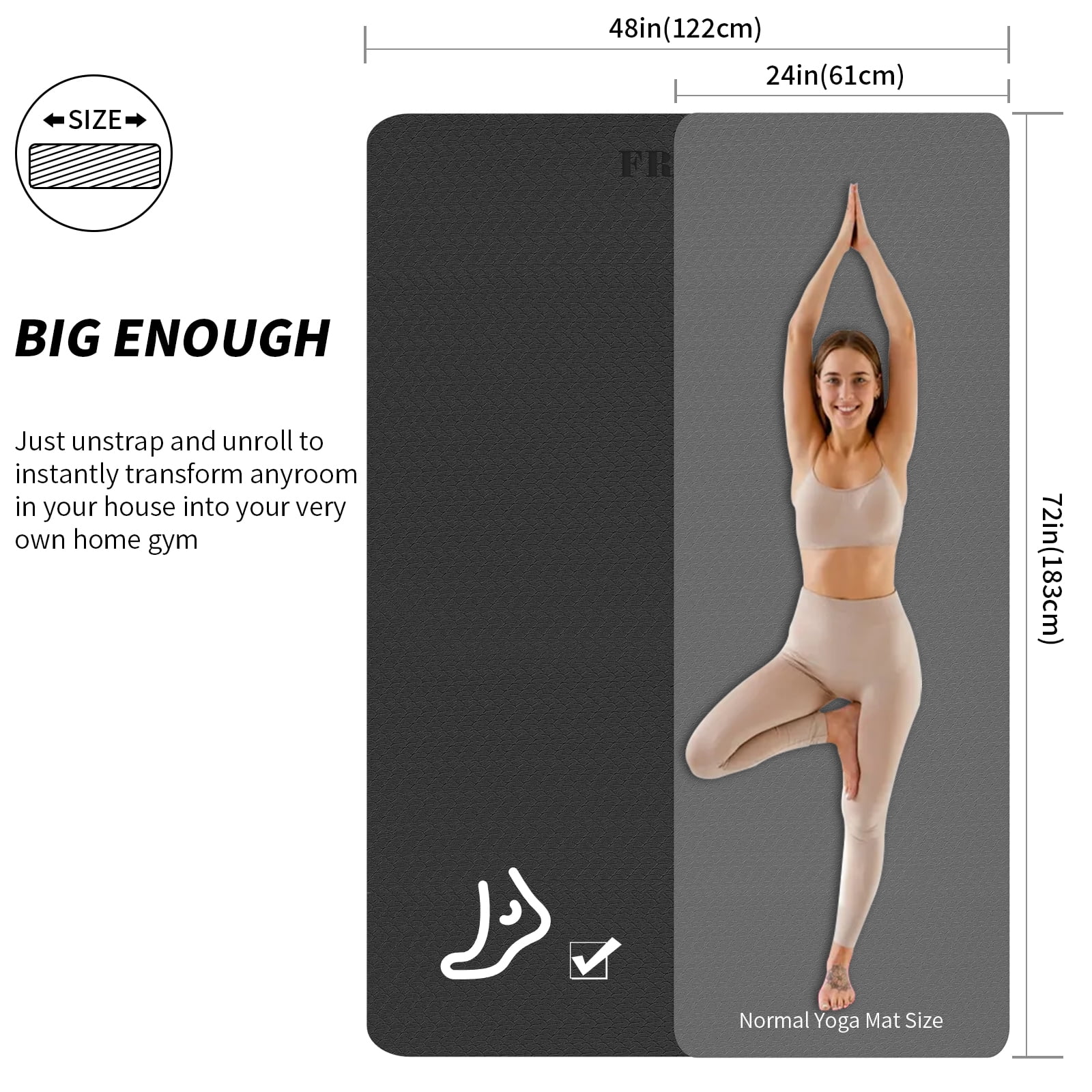 Frach Large Yoga Mat Extra Wide 4 ft,0.3" Thick with Strap, Non-Slip High Rebound for Home and Outdoor,Gym and Travel(Black)