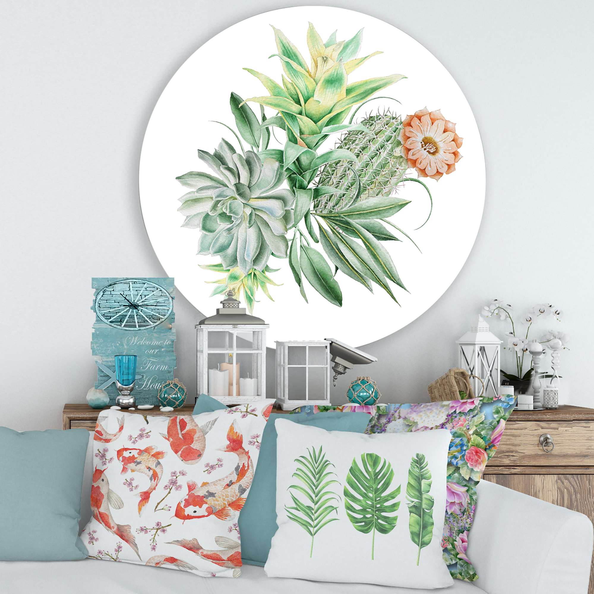 Designart 'Bouquet With Succulents and Cactus' Traditional Circle Metal Wall Art 36x36 - Disc of 36