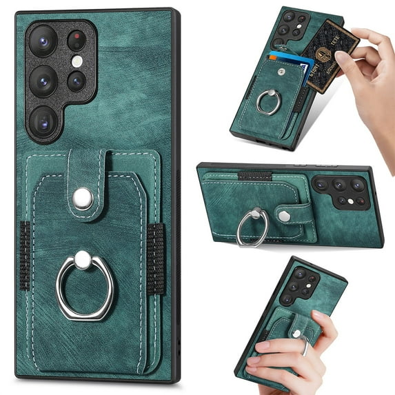 SaniMore Compatible with Samsung Galaxy S23 Ultra Case, Wallet Stand Elastic Credit Card Slot Magnetic Car Mount Ring Holder Premium PU Leather Protection Cover for Galaxy S23 Ultra 6.8-inch, Green