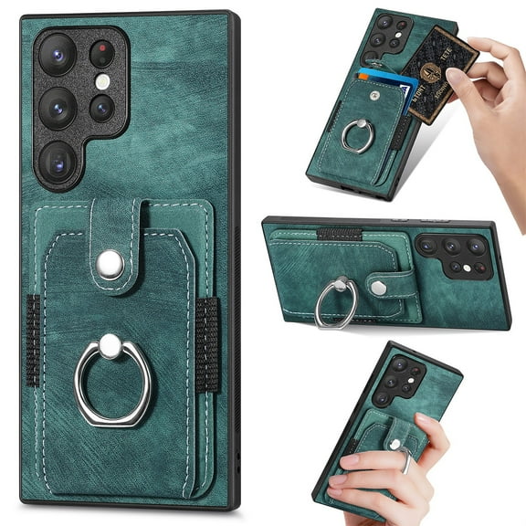 SaniMore Compatible with Samsung Galaxy S23 Ultra Case, Wallet Stand Elastic Credit Card Slot Magnetic Car Mount Ring Holder Premium PU Leather Protection Cover for Galaxy S23 Ultra 6.8-inch, Green