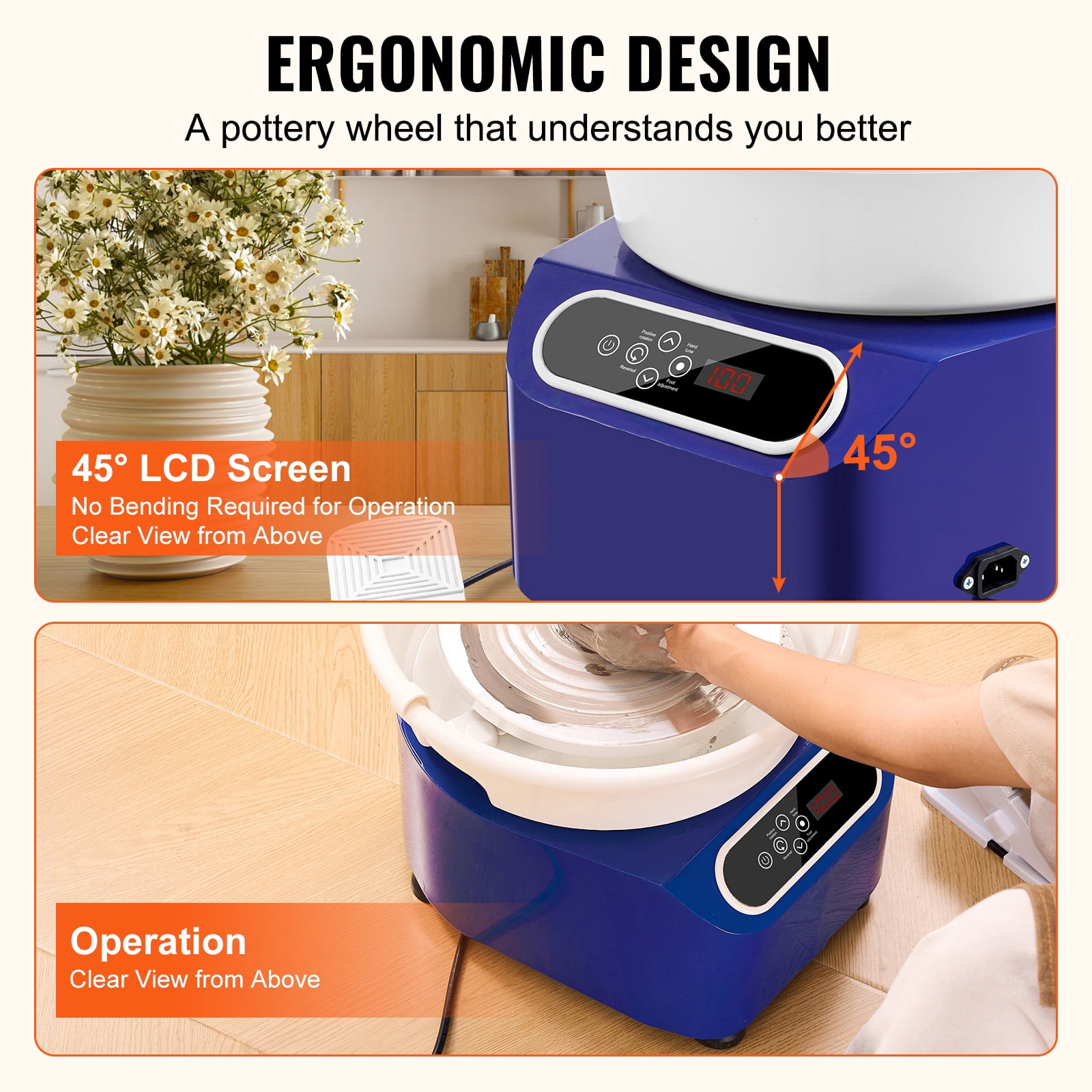 KFFKFF 11 Inch Pottery Wheel Ceramic 350W Wheel Blue Foot Pedal Touch Screen Apron