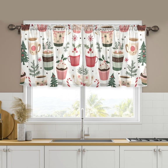 Yayeee Kitchen Curtains Tier Set of 2 Light Filtering 57"x24" Over Sink Window Panels, White Christmas Cups
