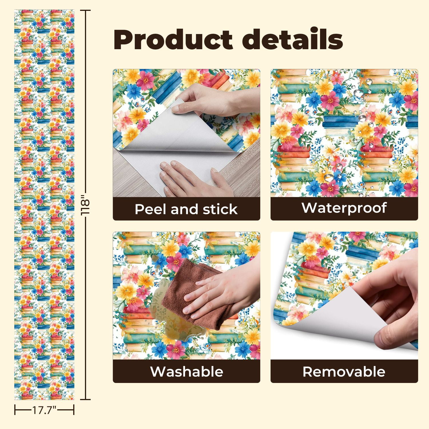 Peel and Stick Wallpaper Watercolor Floral Arrangement Colorful Books Blossoms Wall Mural 17.7in x 9.8ft Self Adhesive Removable Wall Paper Renter Friendly Wallpaper for Nursery Bedroom Classroom