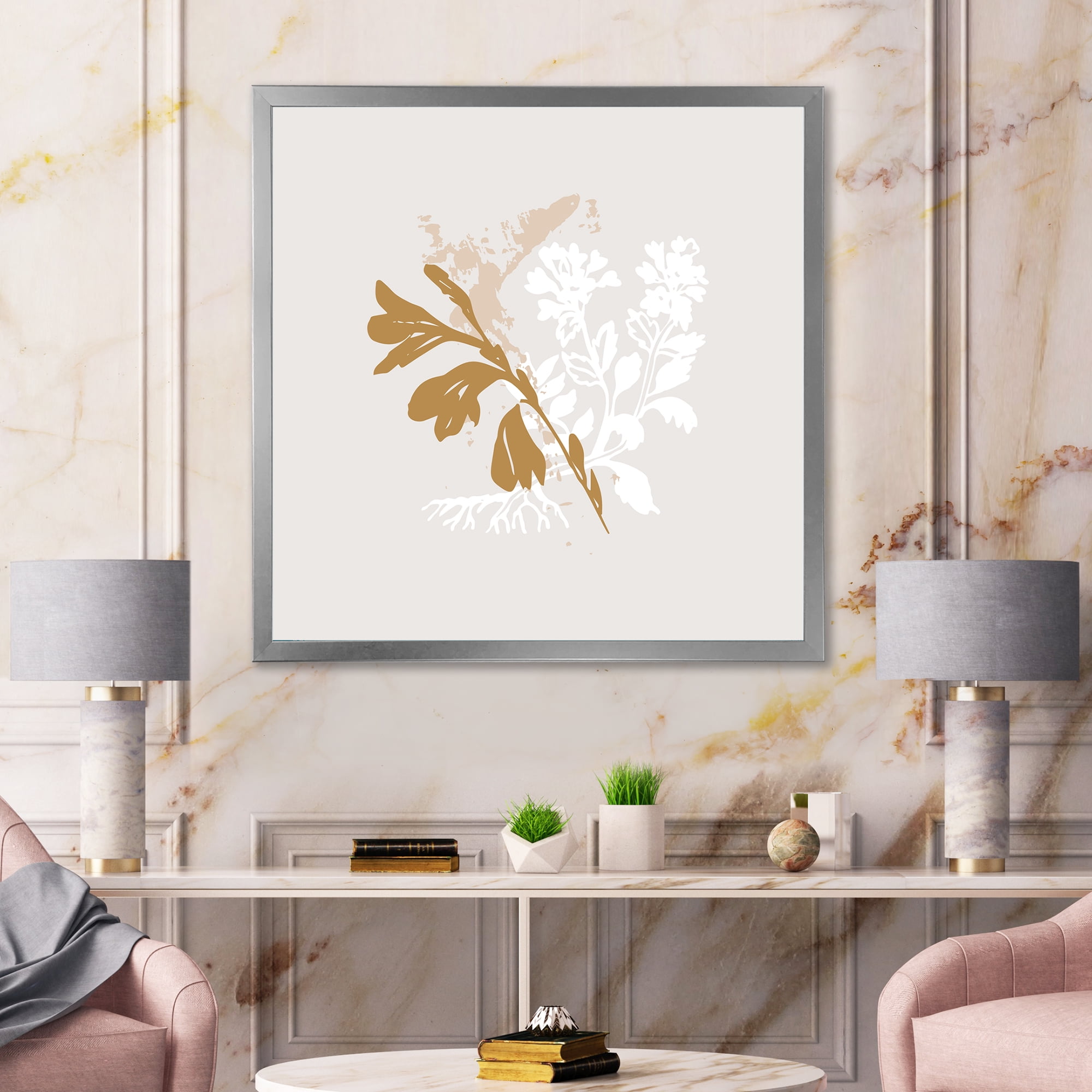 Designart 'Minimal Botanical Design In White and Brown' Traditional Framed Art Print