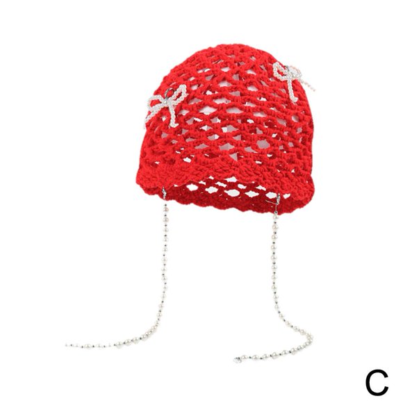 Chapeau à Capuche Rouge Style Coréen avec Nœud Perlé pour Femmes, Chapeau Rétro Creux avec Grande Circonférence de Tête et Petit Visage, Chapeau Tricoté