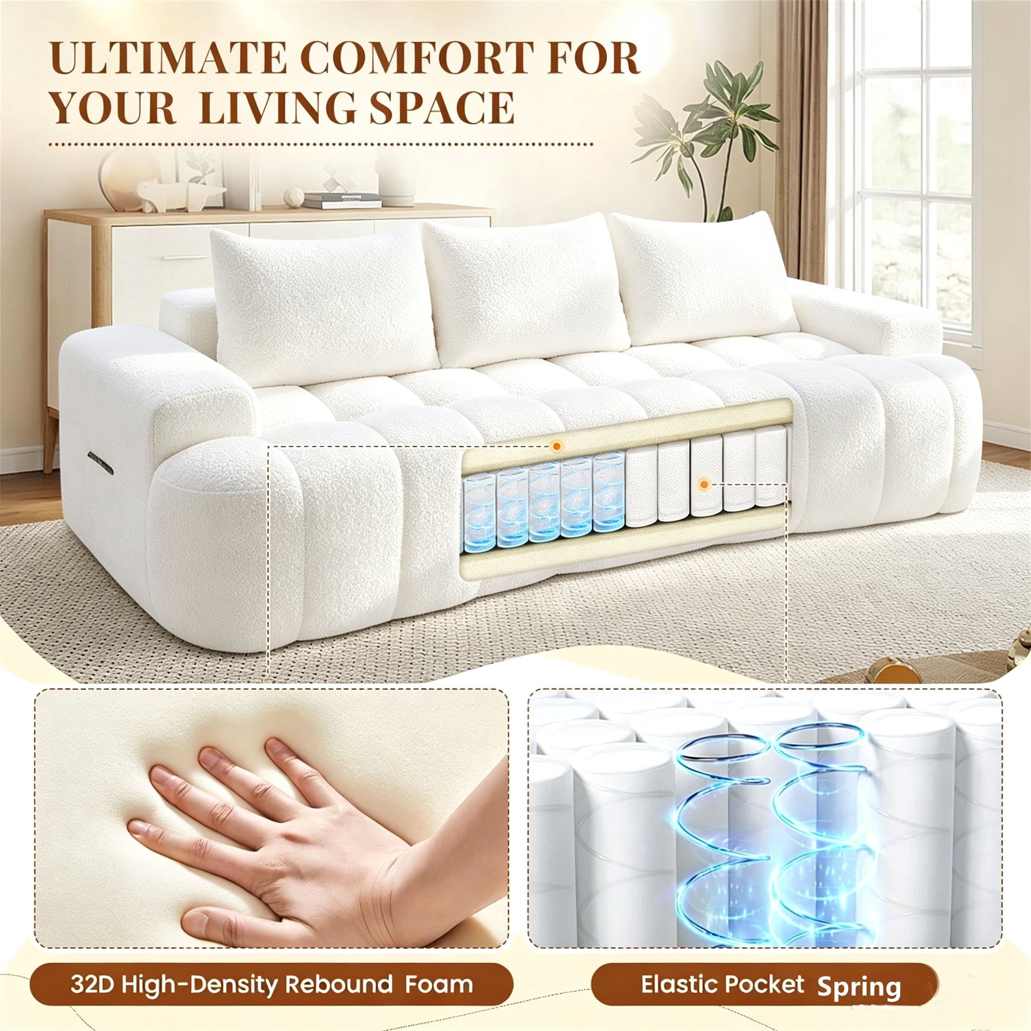 Aukfa 100" Oversized Boucle Cloud Sofa Deep Seat Boneless Couch with Curved Front for Living Room, Cream